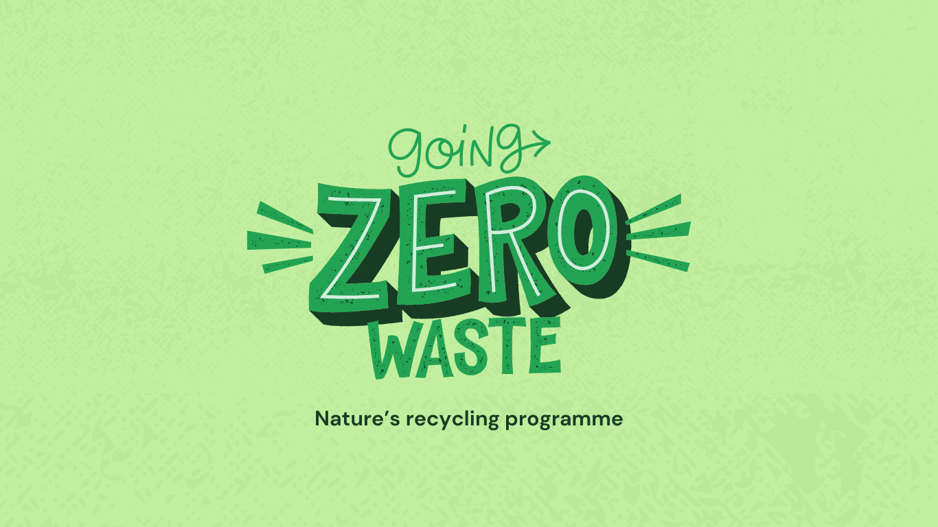 Image of graphics showing zero waste. Shows how composting contributes to zero waste and is a natural recycling process thus contributes to organic permaculture