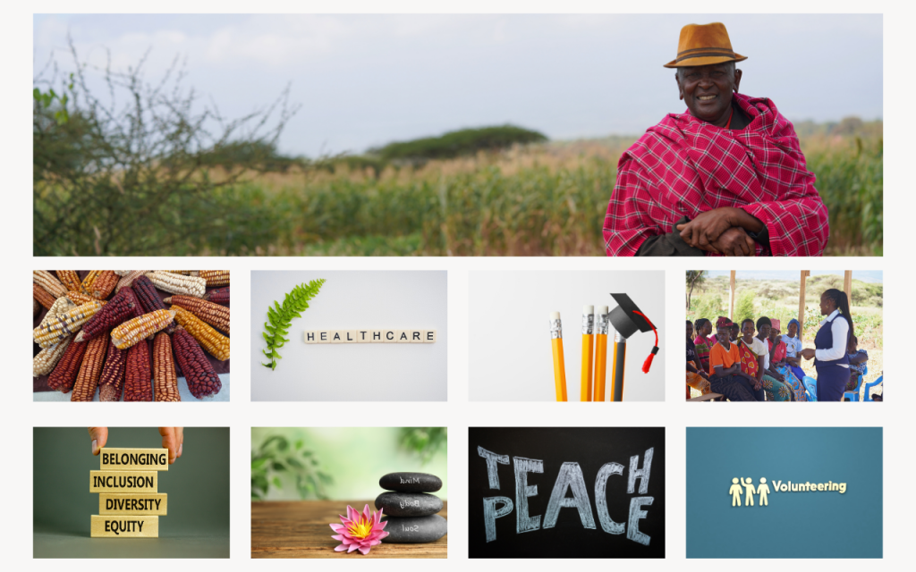 Photo collage of Ambokili Farm's community development themes summarsing all its programmes.