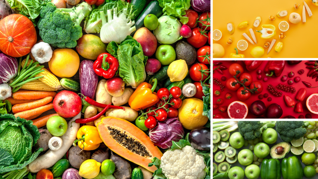 A photo collage of variety of fruits and vegetables to symbolise: Ambokili Farm's Guide to a Balanced, Plant-Based Diet That Lowers Carbon Footprint