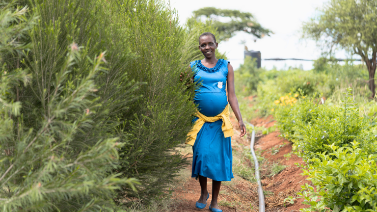 A picture of an expectant worker at Ambokili Farm happy to work as part of the behavioural change happening in Kimana that sees women are not fired because they're expectant.